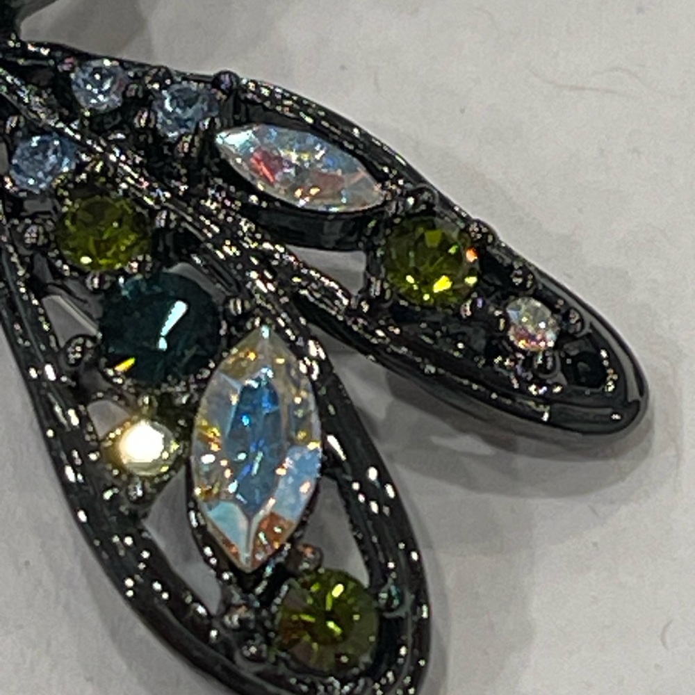 Vintage Multicolor Rhinestone Dragonfly Brooch Black Metal  Has Crown Mark - Picture 14 of 16